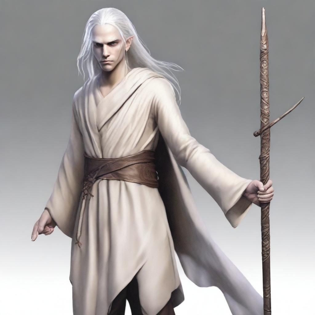 A young elf man, clean-shaven, standing in monk rags and holding a quarterstaff by his side