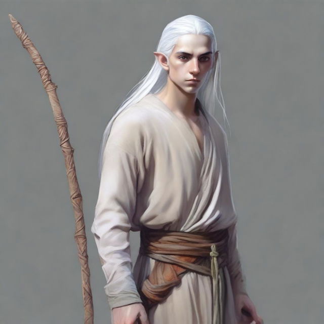 A young elf man, clean-shaven, standing in monk rags and holding a quarterstaff by his side