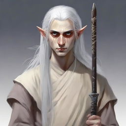 A young elf man, clean-shaven, standing in monk rags and holding a quarterstaff by his side