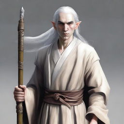 A young elf man, clean-shaven, standing in monk rags and holding a quarterstaff by his side