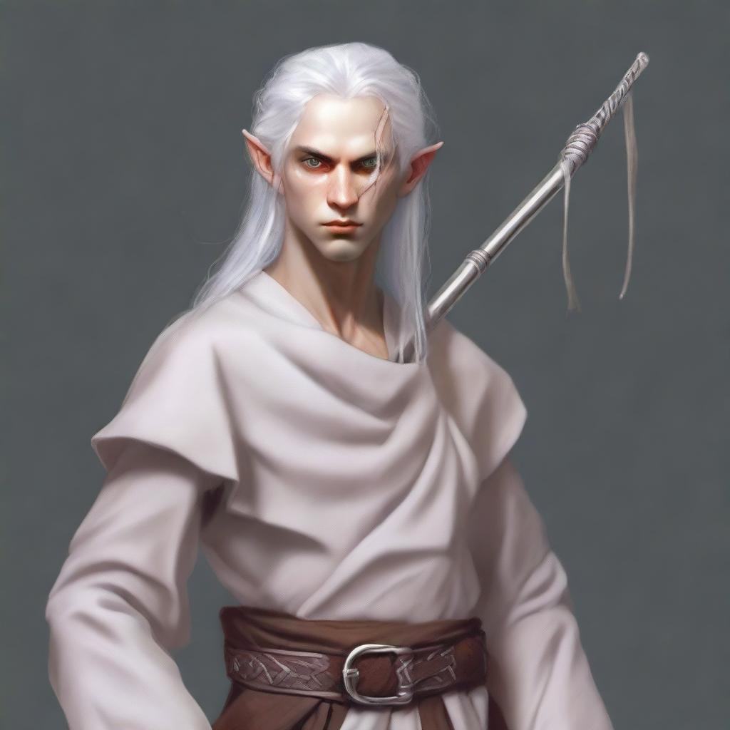 A young elf man, clean-shaven, standing in monk rags and holding a quarterstaff by his side