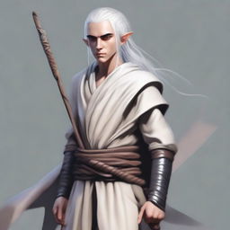 A young elf man, clean-shaven, standing in monk rags and holding a quarterstaff by his side