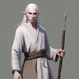 A young elf man, clean-shaven, standing in monk rags and holding a quarterstaff by his side