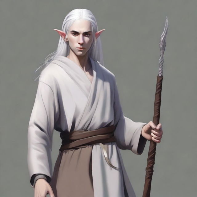 A young elf man, clean-shaven, standing in monk rags and holding a quarterstaff by his side