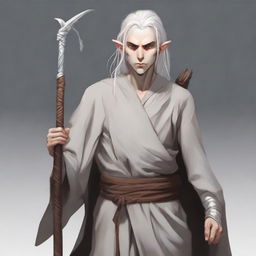 A young elf man, clean-shaven, standing in monk rags and holding a quarterstaff by his side