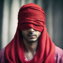 A man with a red cloth covering his eyes