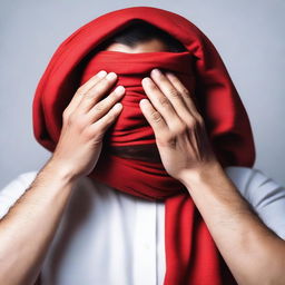 A man with a red cloth covering his eyes