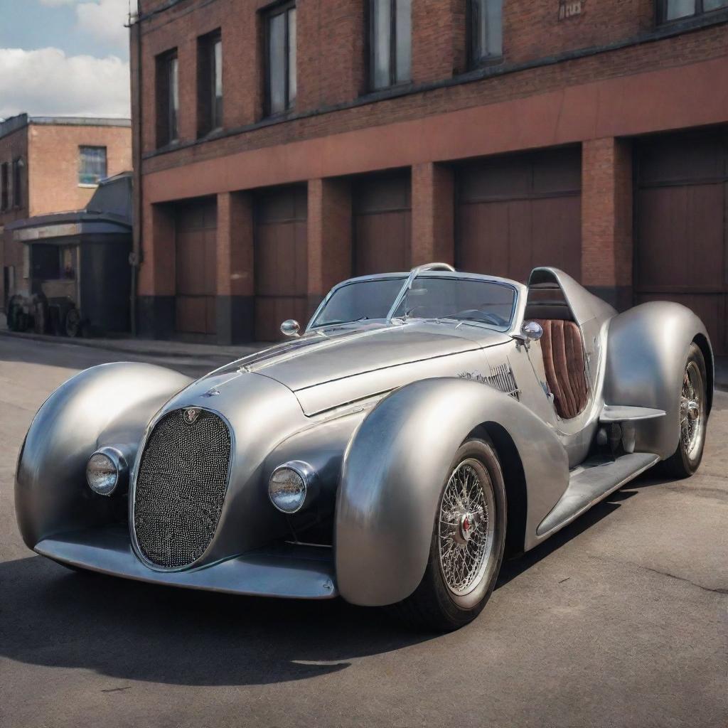 Supercars reimagined in a dieselpunk style, featuring Art Deco-inspired aesthetics, a gritty, mechanical appearance, and diesel-driven power