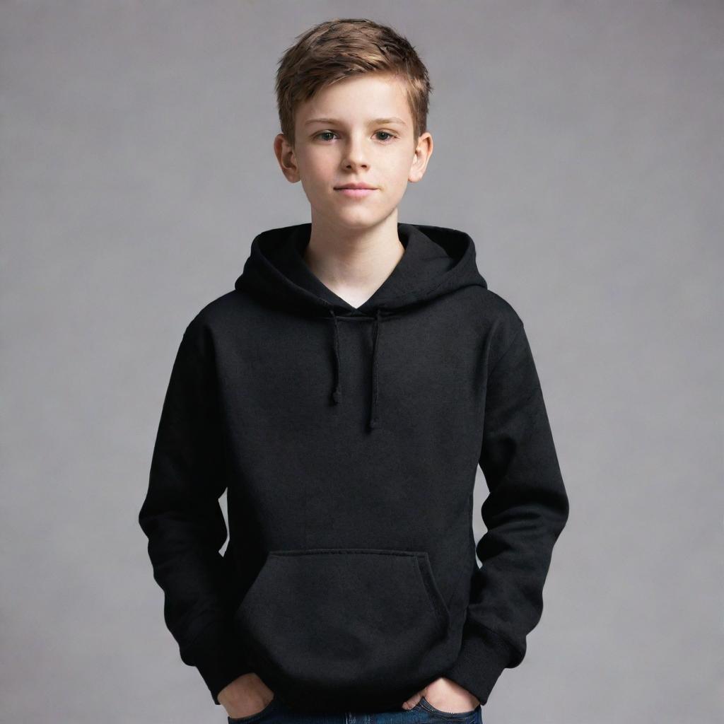 A normal, smart boy in a black hoodie, confidently standing, with a casual and approachable aura.