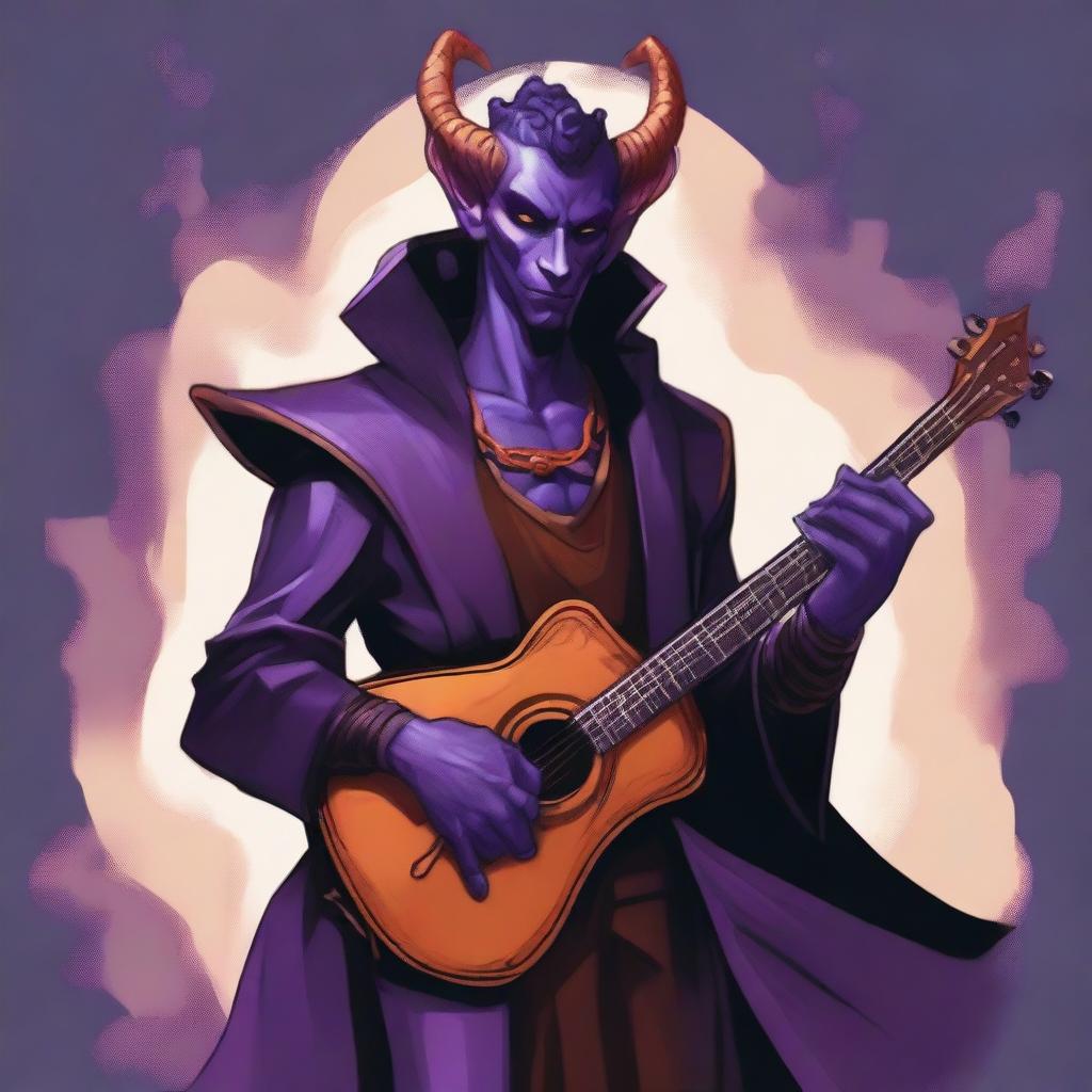 Create a detailed fantasy character illustration featuring a charismatic tiefling bard