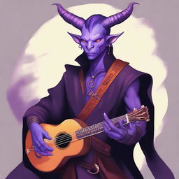 Create a detailed fantasy character illustration featuring a charismatic tiefling bard