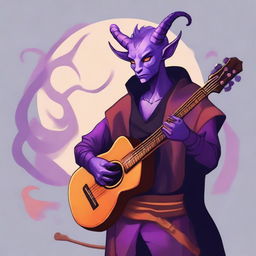 Create a detailed fantasy character illustration featuring a charismatic tiefling bard