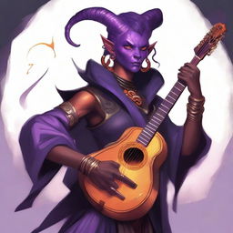 Create a detailed fantasy character illustration featuring a charismatic tiefling woman bard