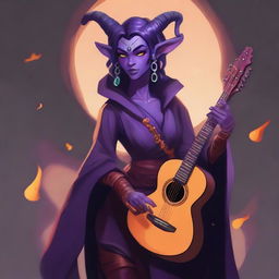 Create a detailed fantasy character illustration featuring a charismatic tiefling woman bard