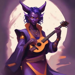 Create a detailed fantasy character illustration featuring a charismatic tiefling woman bard