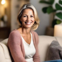 A mature and attractive woman in her 40s, dressed stylishly and confidently, smiling warmly