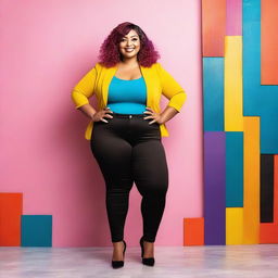 A confident and curvy woman, dressed in a stylish outfit, posing with a smile