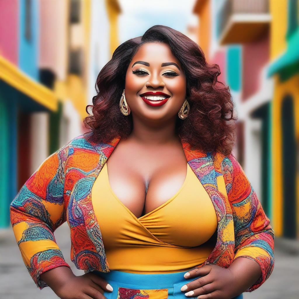 A confident and curvy woman, dressed in a stylish outfit, posing with a smile