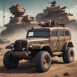 Off-road vehicles visualized in dieselpunk style, integrating rugged retro-futurism with grungy mechanical details and diesel-fueled engines.