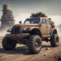 Off-road vehicles visualized in dieselpunk style, integrating rugged retro-futurism with grungy mechanical details and diesel-fueled engines.