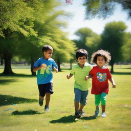 Luke, who is 2 years old, and his friends Mohammad, who is 11 years old, and Michelle, who is 10 years old, were having a great time at the park, playing games in the sunshine