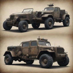 Off-road vehicles visualized in dieselpunk style, integrating rugged retro-futurism with grungy mechanical details and diesel-fueled engines.