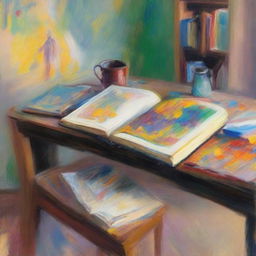 A book that predicts the future on a study desk, depicted in an impressionist style