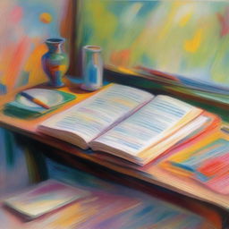 A book that predicts the future on a study desk, depicted in an impressionist style