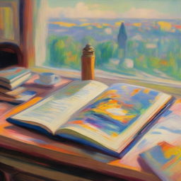 A book that predicts the future on a study desk, depicted in an impressionist style