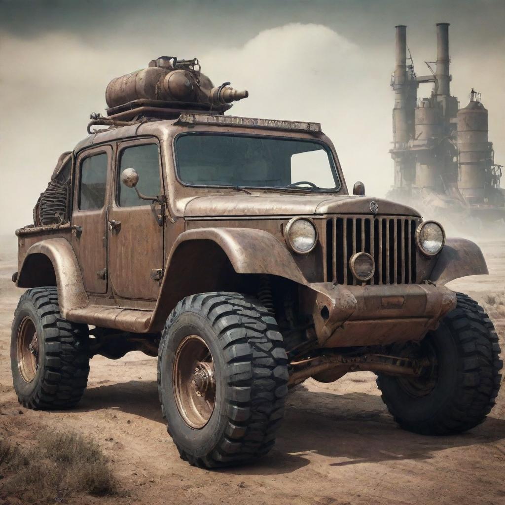 Off-road vehicles visualized in dieselpunk style, integrating rugged retro-futurism with grungy mechanical details and diesel-fueled engines.