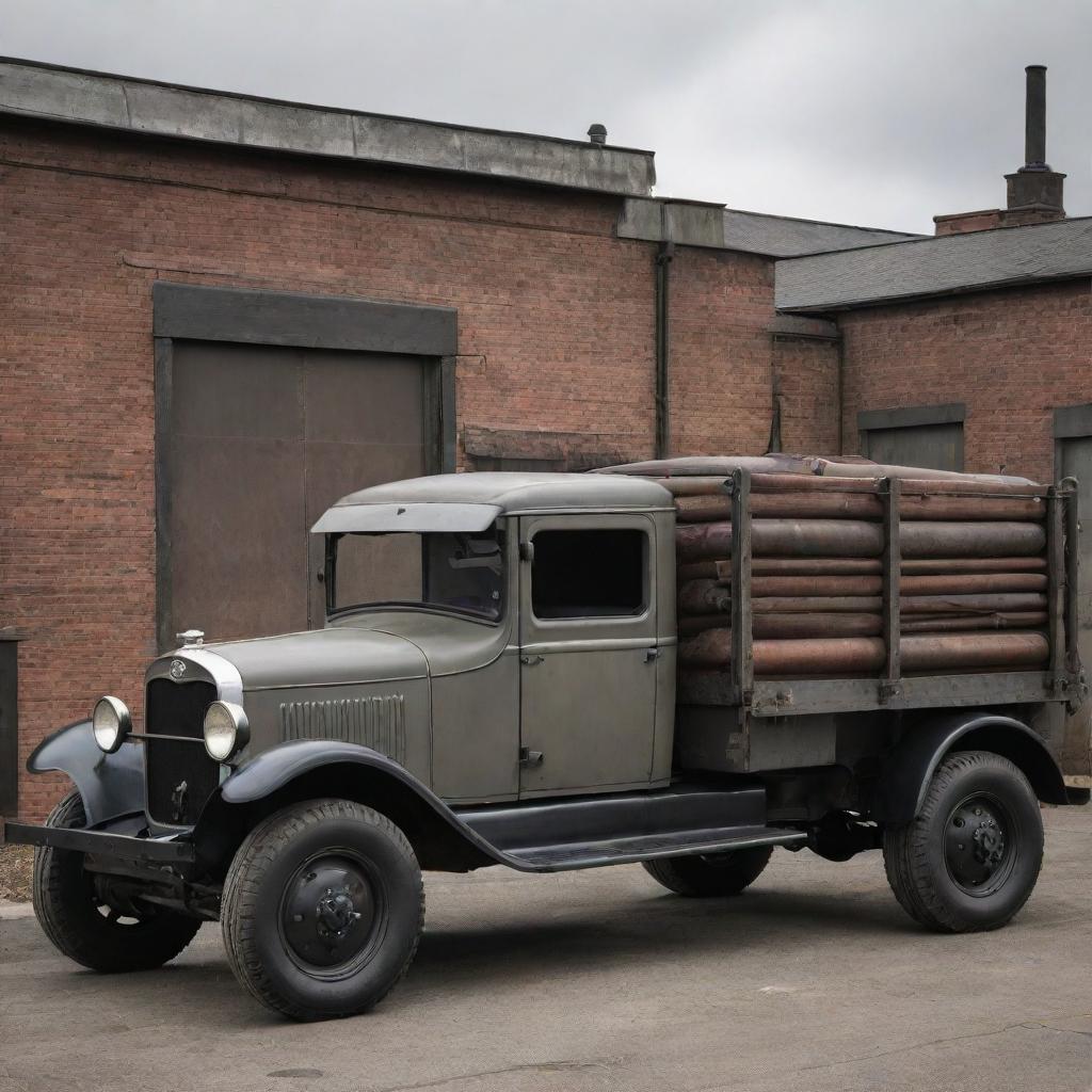 Trucks designed with a dieselpunk vibe, combining the robustness of early 20th century industrial machinery with diesel-fueled power and grungy mechanic details.