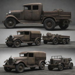 Trucks designed with a dieselpunk vibe, combining the robustness of early 20th century industrial machinery with diesel-fueled power and grungy mechanic details.