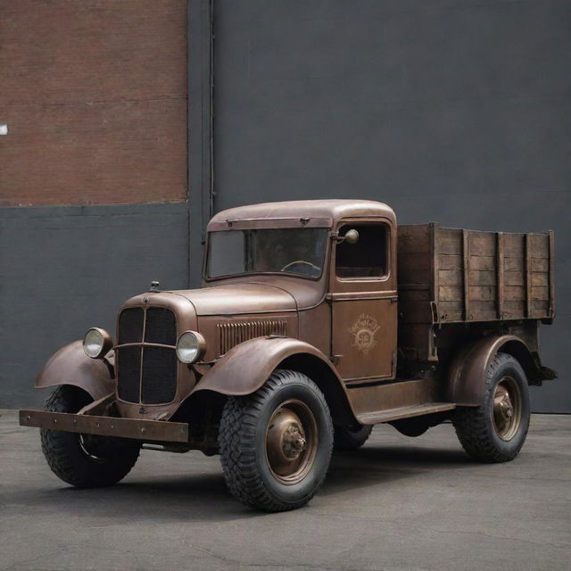 Trucks designed with a dieselpunk vibe, combining the robustness of early 20th century industrial machinery with diesel-fueled power and grungy mechanic details.