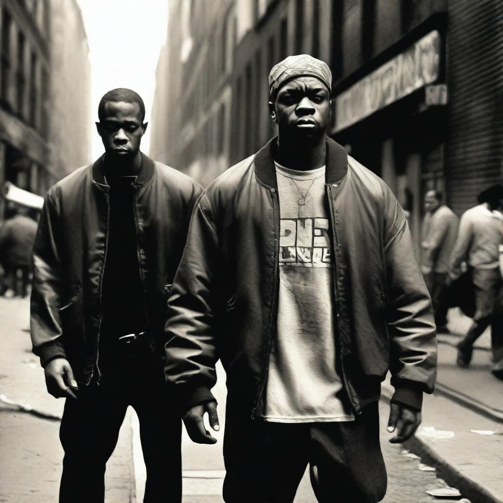 Two black men from the Bronx, New York, dressed in lower class attire, standing on a gritty city street