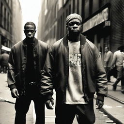 Two black men from the Bronx, New York, dressed in lower class attire, standing on a gritty city street