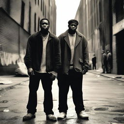 Two black men from the Bronx, New York, dressed in lower class attire, standing on a gritty city street