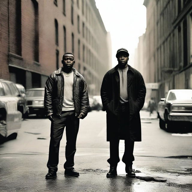 Two black men from the Bronx, New York, dressed in lower class attire, standing on a gritty city street