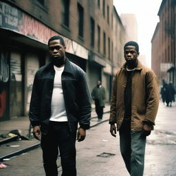 Two black men from the Bronx, New York, dressed in lower class attire, standing on a gritty city street