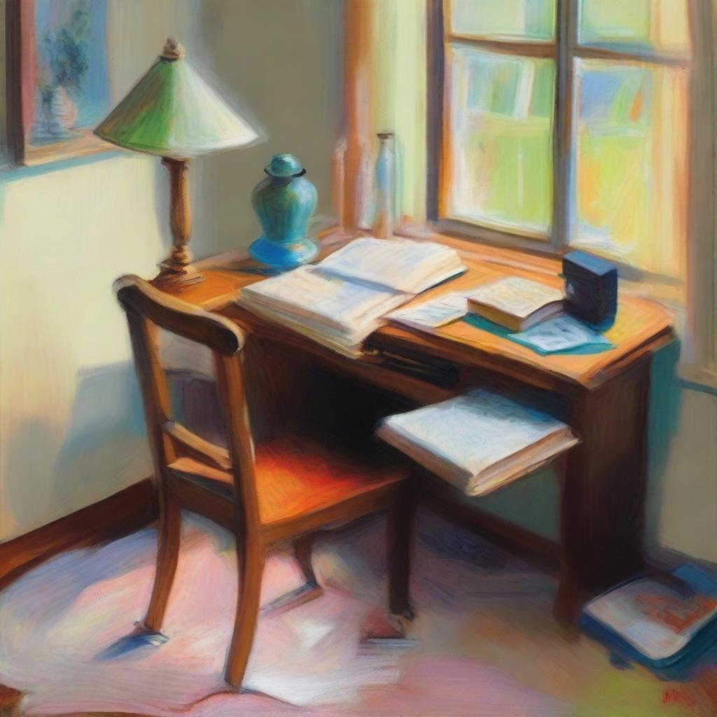 An impressionist-style painting of a study desk with a book that predicts the future