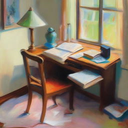 An impressionist-style painting of a study desk with a book that predicts the future