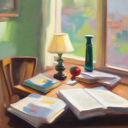 An impressionist-style painting of a study desk with a book that predicts the future