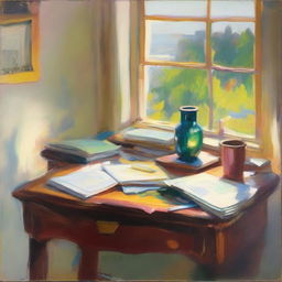 An impressionist-style painting of a study desk with a book that predicts the future