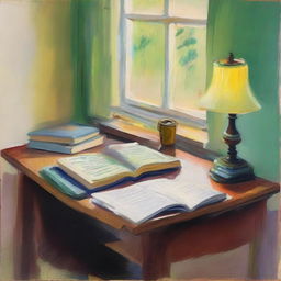 An impressionist-style painting of a study desk with a book that predicts the future