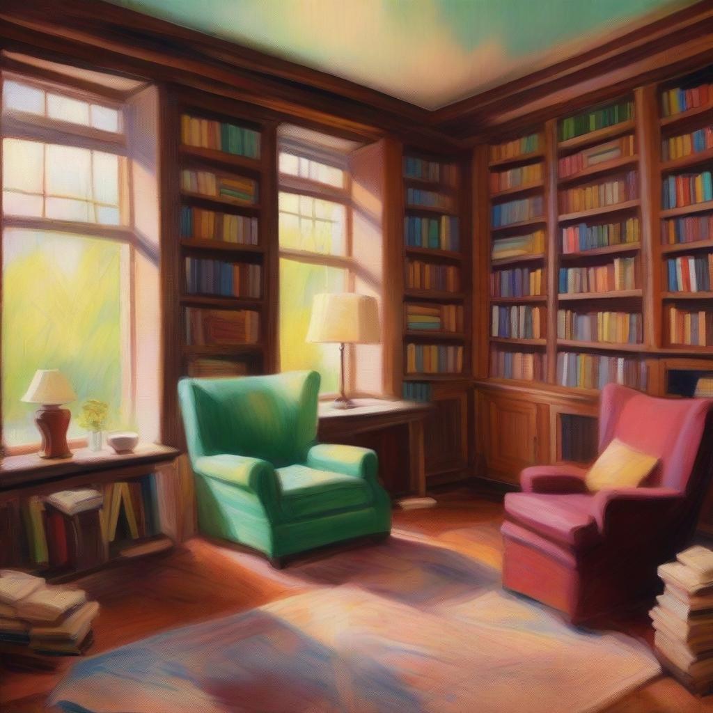 An impressionist-style painting of a cozy family library