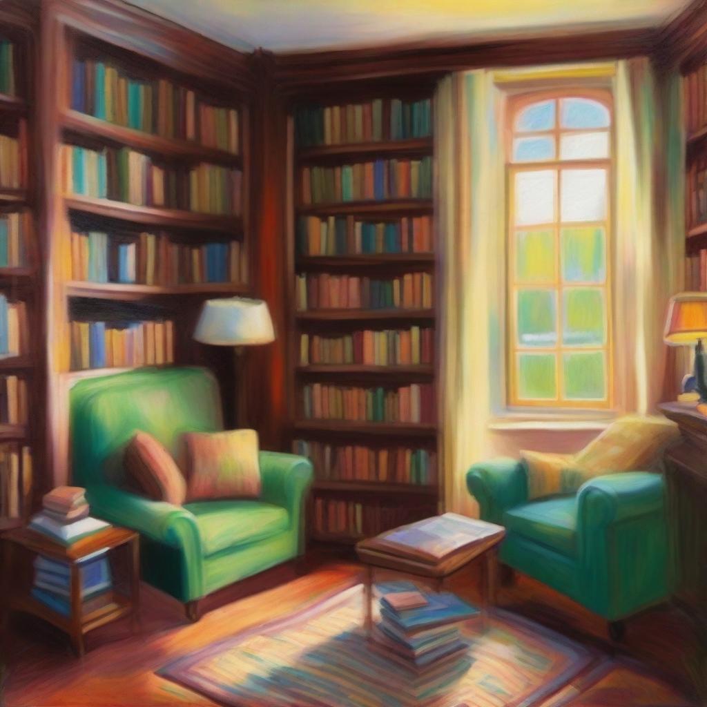 An impressionist-style painting of a cozy family library