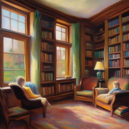 An impressionist-style painting of a cozy family library