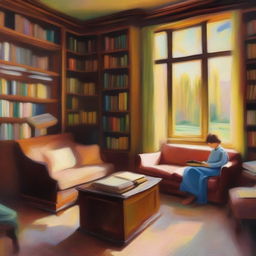 An impressionist-style painting of a cozy family library