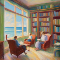 An impressionist-style painting of a family library transforming into a seascape