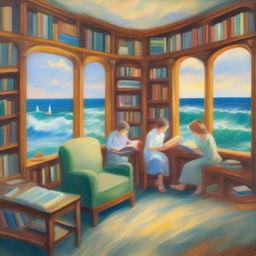 An impressionist-style painting of a family library transforming into a seascape