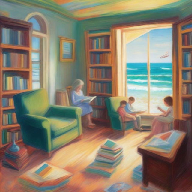 An impressionist-style painting of a family library transforming into a seascape